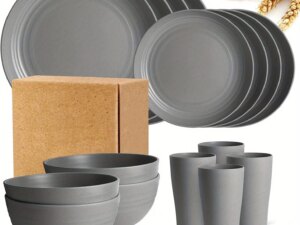 16pcs Wheat Straw Unbreakable Dishwasher Microwave Safe Dinnerware Plates and Bowls Sets RV Outdoor Camping Service for 4