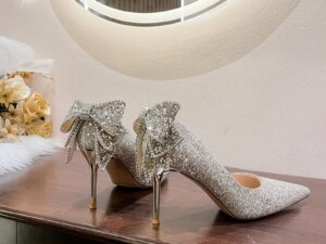 2023 Factory Wholesale Silver High Heels New Summer Sequin Crystal Princess Pumps Trendy Bridal Wedding Shoes