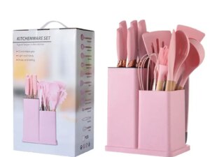 Custom 19 Piece Set of Silica Gel Silicone Kitchen Utensil Set With Wooden Handle and Cuttings Board Storage Bucket
