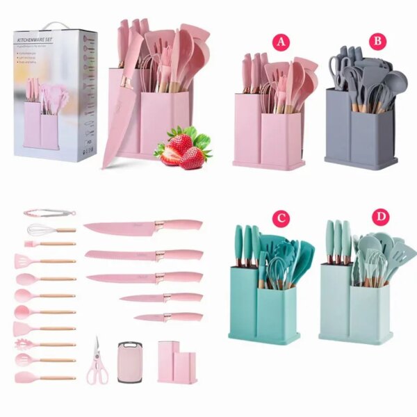 Custom 19 Piece Set of Silica Gel Silicone Kitchen Utensil Set With Wooden Handle and Cuttings Board Storage Bucket Custom 19 Piece Set of Silica Gel Silicone Kitchen Utensil Set With Wooden Handle and Cuttings Board Storage Bucket