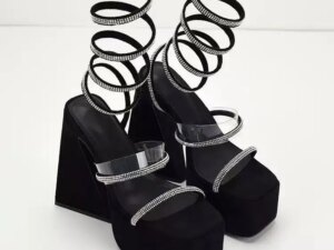 New Style Women's Sandals and High Heels - Ultra-high Triangle Heel Snake-shaped Wrapped Foot Black Sandals - Wholesale Products