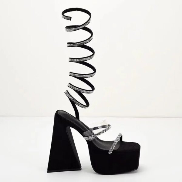 New Style Women's Sandals and High Heels - Ultra-high Triangle Heel Snake-shaped Wrapped Foot Black Sandals - Wholesale Products