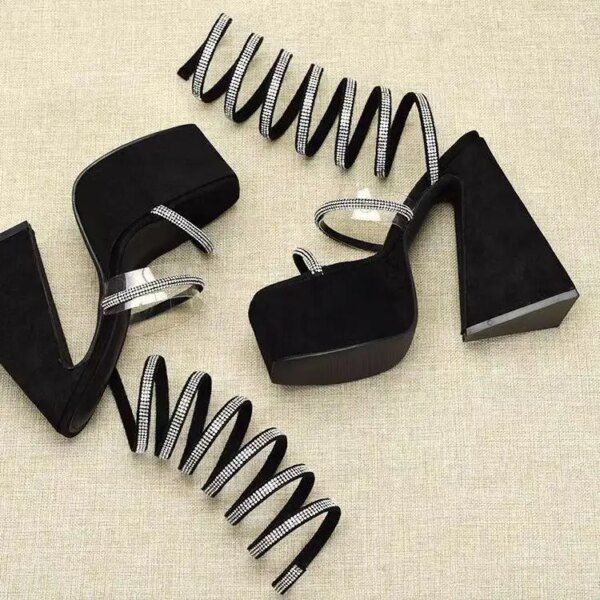 New Style Women's Sandals and High Heels - Ultra-high Triangle Heel Snake-shaped Wrapped Foot Black Sandals - Wholesale Products