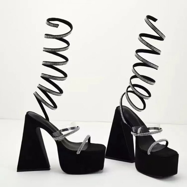 New Style Women's Sandals and High Heels - Ultra-high Triangle Heel Snake-shaped Wrapped Foot Black Sandals - Wholesale Products