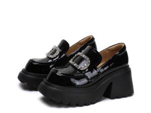 Women's Sporty Round-Toe Slim Stiletto Work Shoes Slip-On Sparkly Rhinestone-Accented Loafers Crystal Buckle Genuine Leather Women's Sporty Round-Toe Slim Stiletto Work Shoes Slip-On Sparkly Rhinestone-Accented Loafers Crystal Buckle Genuine Leather